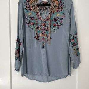 Johnny Was blue embroidered top